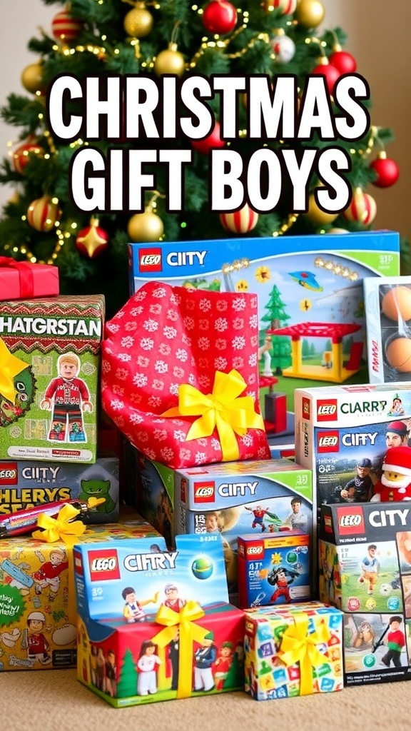A collection of Christmas gifts for boys, including toys and games, under a beautifully decorated Christmas tree.